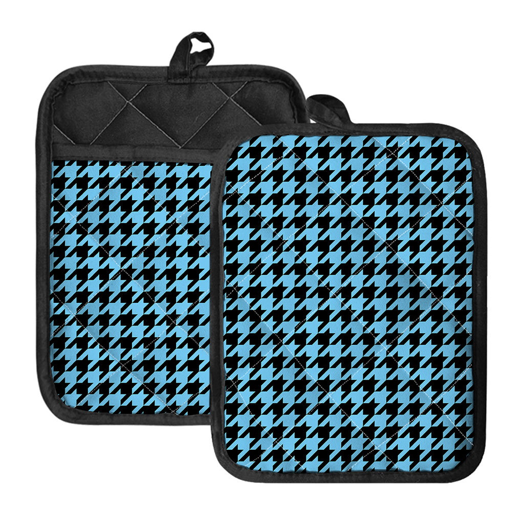 Blue And Black Houndstooth Pattern Print Pot Holders With Pocket