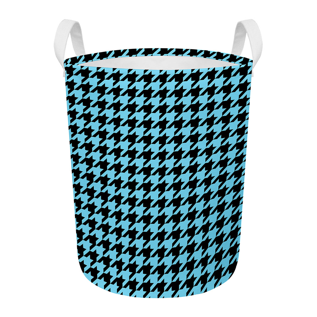 Blue And Black Houndstooth Pattern Print Round Laundry Basket