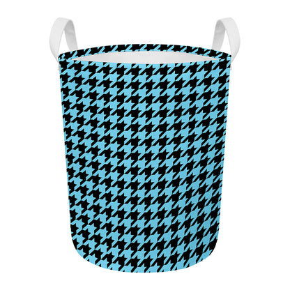 Blue And Black Houndstooth Pattern Print Round Laundry Basket