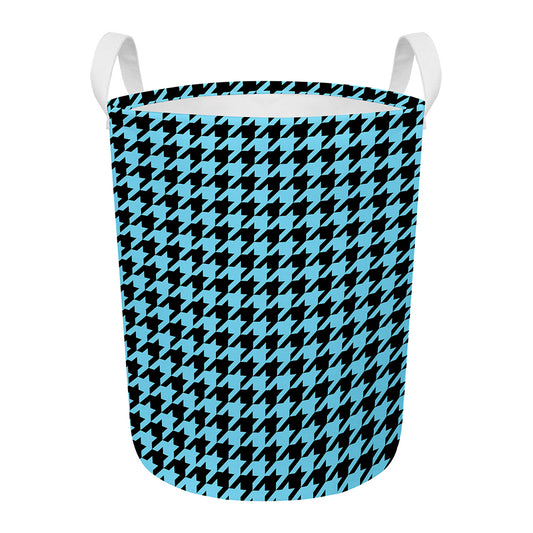 Blue And Black Houndstooth Pattern Print Round Laundry Basket