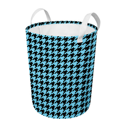 Blue And Black Houndstooth Pattern Print Round Laundry Basket