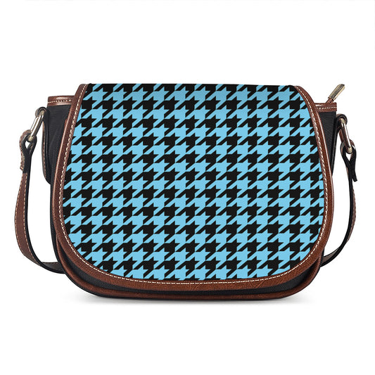 Blue And Black Houndstooth Pattern Print Saddle Bag