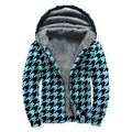 Blue And Black Houndstooth Pattern Print Sherpa Lined Zip Up Hoodie