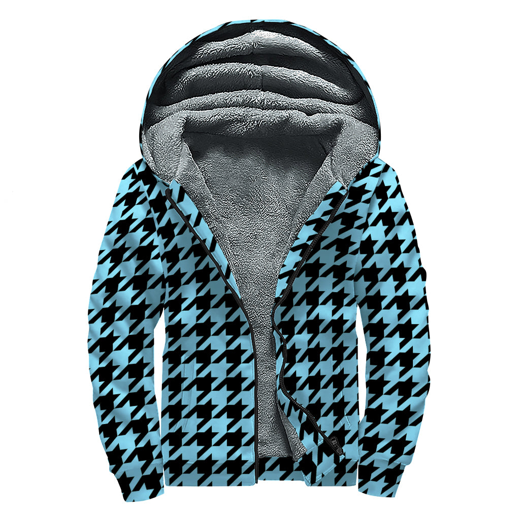 Blue And Black Houndstooth Pattern Print Sherpa Lined Zip Up Hoodie