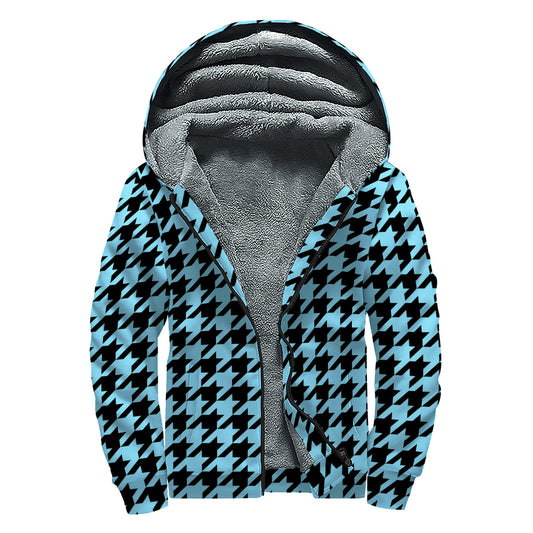Blue And Black Houndstooth Pattern Print Sherpa Lined Zip Up Hoodie