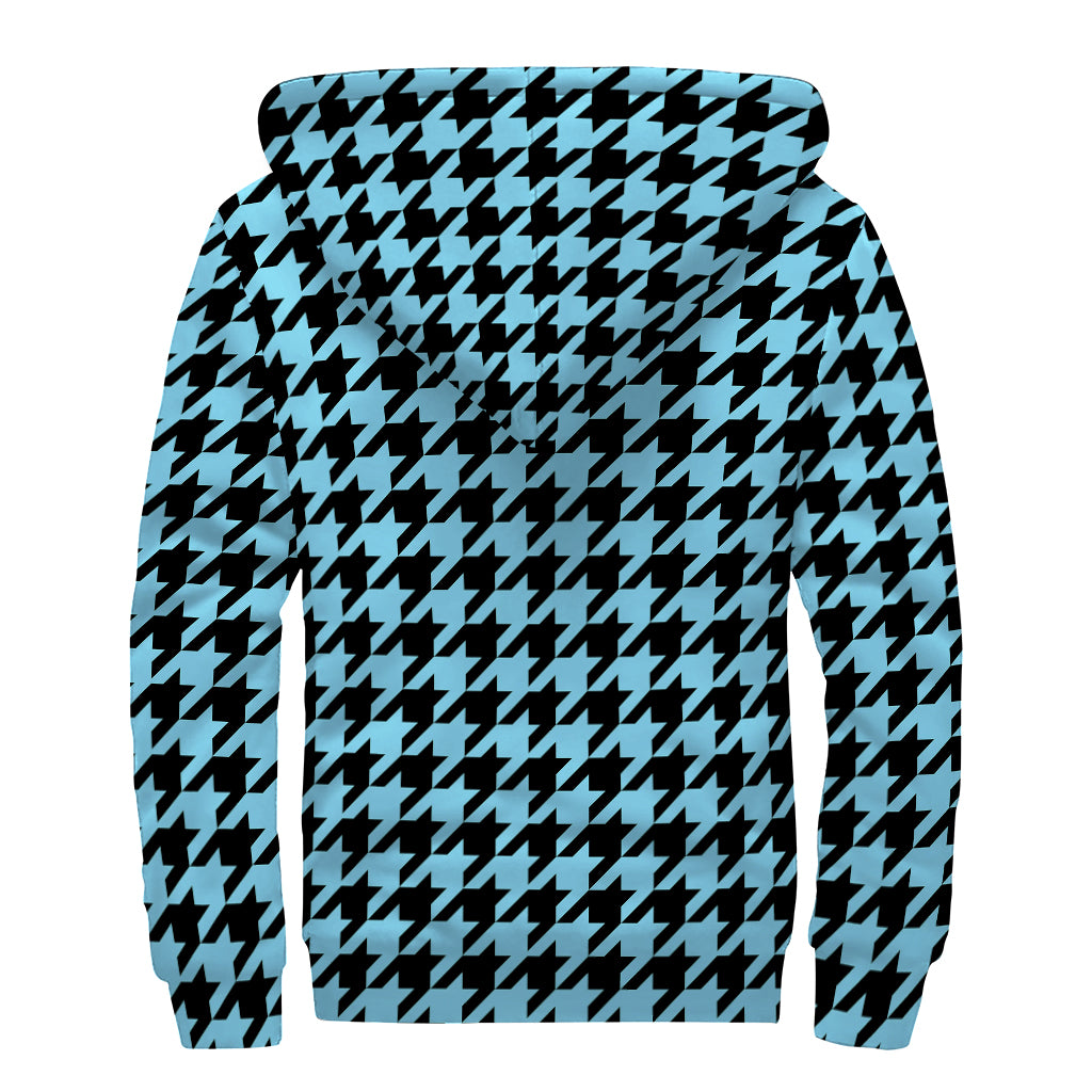 Blue And Black Houndstooth Pattern Print Sherpa Lined Zip Up Hoodie