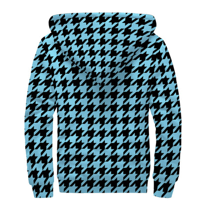 Blue And Black Houndstooth Pattern Print Sherpa Lined Zip Up Hoodie