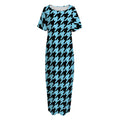 Blue And Black Houndstooth Pattern Print Short Sleeve Long Nightdress