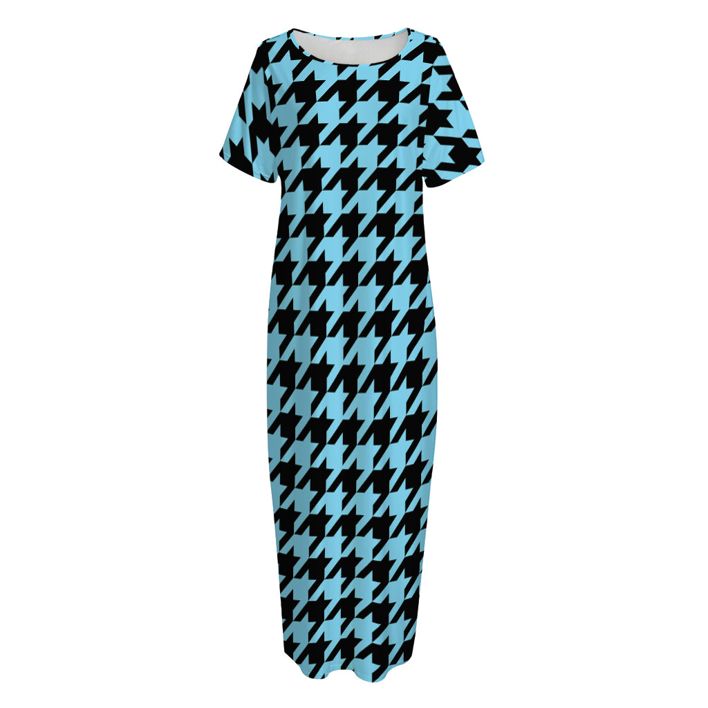 Blue And Black Houndstooth Pattern Print Short Sleeve Long Nightdress