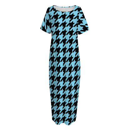Blue And Black Houndstooth Pattern Print Short Sleeve Long Nightdress