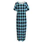 Blue And Black Houndstooth Pattern Print Short Sleeve Long Nightdress