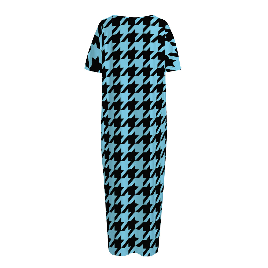 Blue And Black Houndstooth Pattern Print Short Sleeve Long Nightdress
