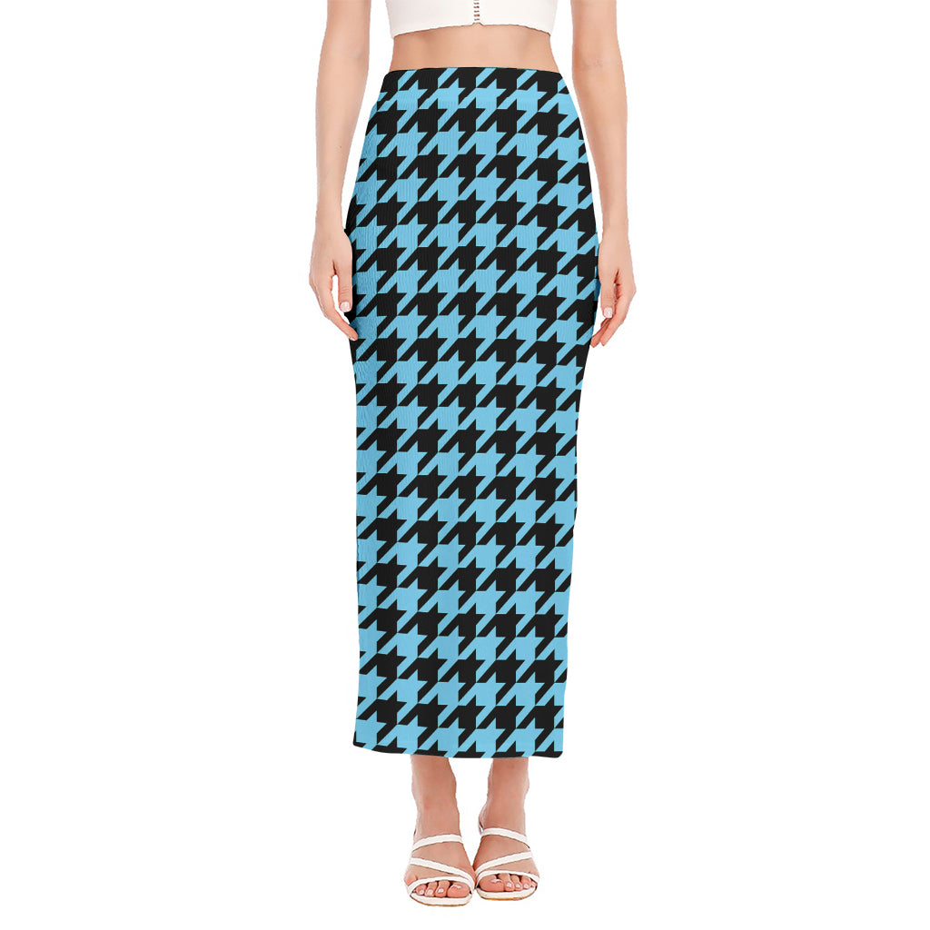 Blue And Black Houndstooth Pattern Print Side Slit Maxi Skirt