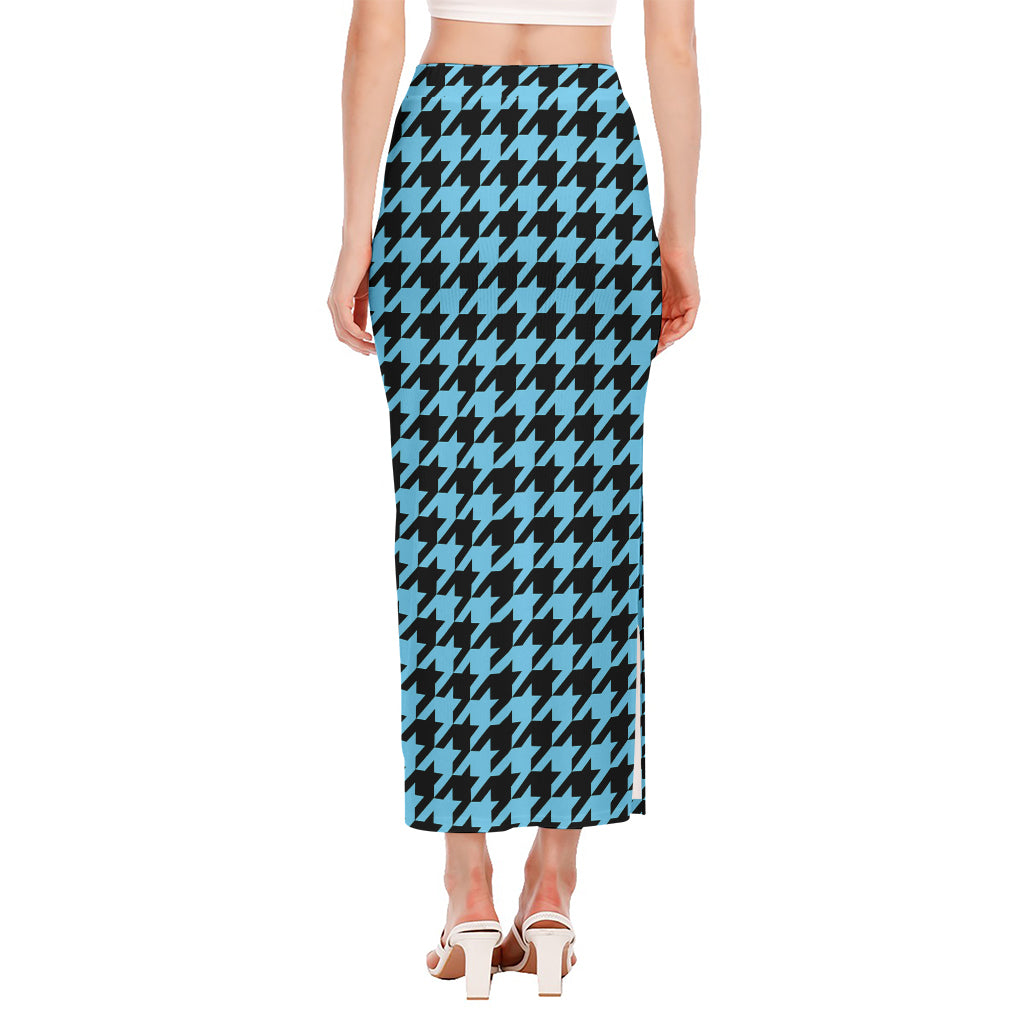 Blue And Black Houndstooth Pattern Print Side Slit Maxi Skirt