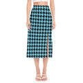 Blue And Black Houndstooth Pattern Print Side Slit Midi Skirt