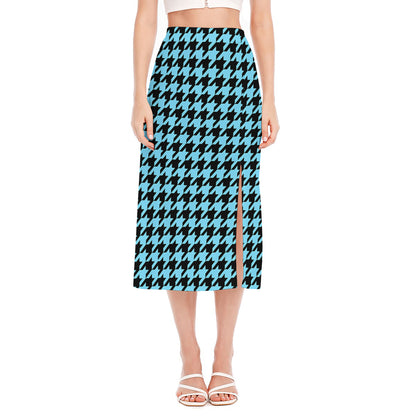Blue And Black Houndstooth Pattern Print Side Slit Midi Skirt