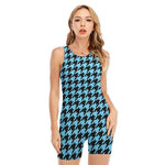 Blue And Black Houndstooth Pattern Print Sleeveless One Piece Swimsuit