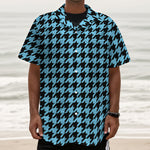 Blue And Black Houndstooth Pattern Print Textured Short Sleeve Shirt