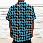 Blue And Black Houndstooth Pattern Print Textured Short Sleeve Shirt