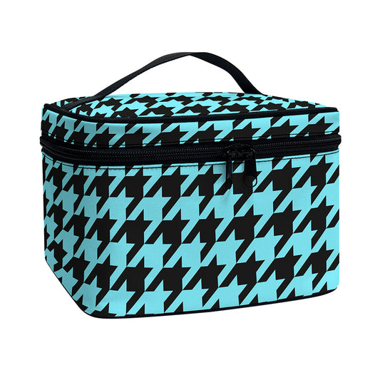 Blue And Black Houndstooth Pattern Print Travel Makeup Bag