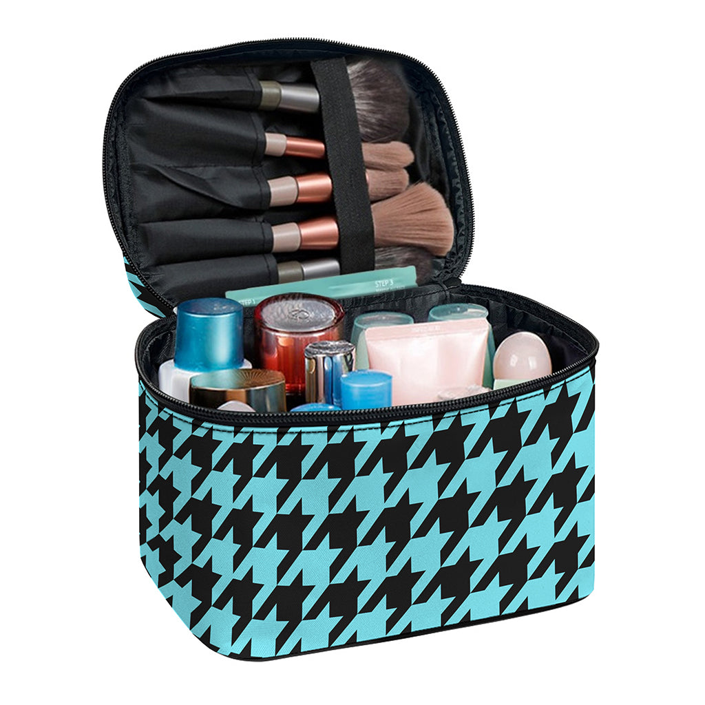 Blue And Black Houndstooth Pattern Print Travel Makeup Bag