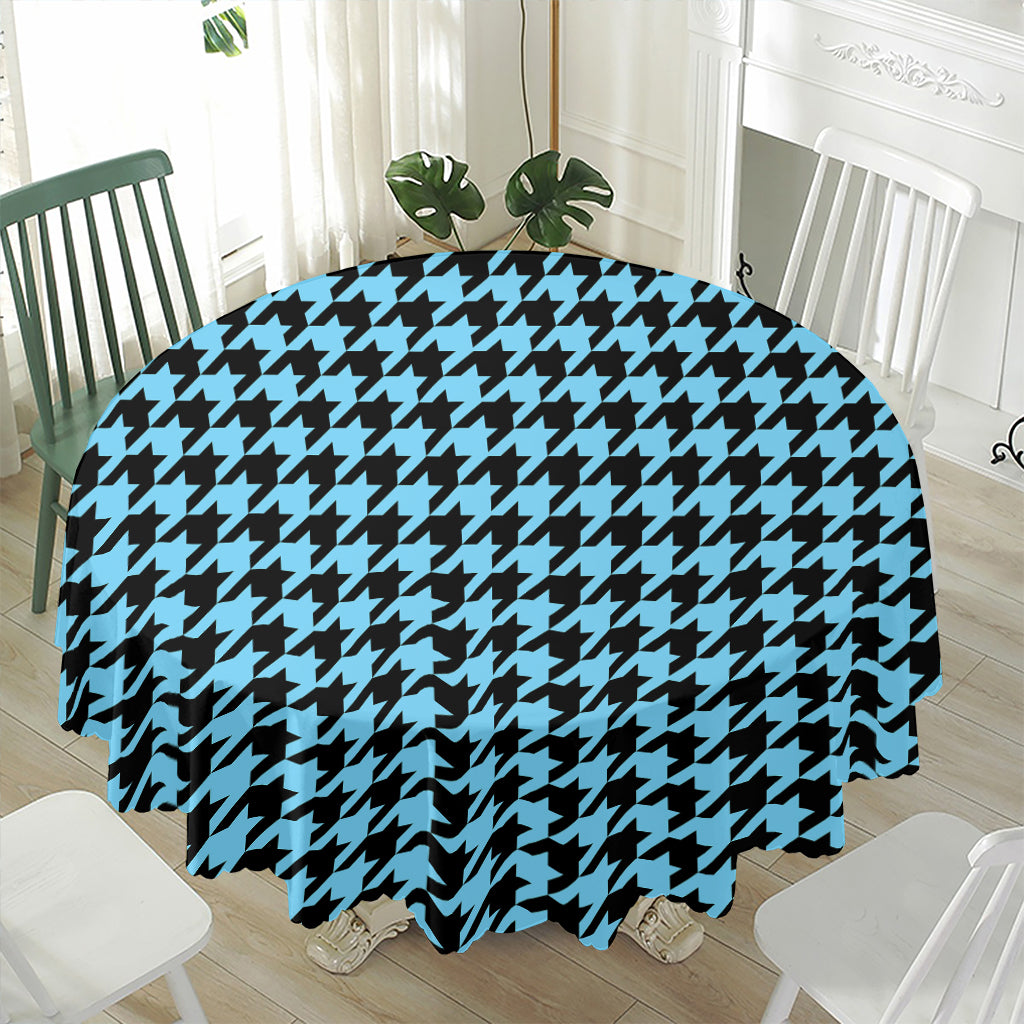 Blue And Black Houndstooth Pattern Print Waterproof Round Tablecloth