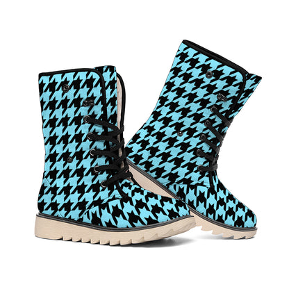Blue And Black Houndstooth Pattern Print Winter Boots