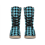 Blue And Black Houndstooth Pattern Print Winter Boots