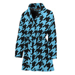 Blue And Black Houndstooth Pattern Print Women's Bathrobe