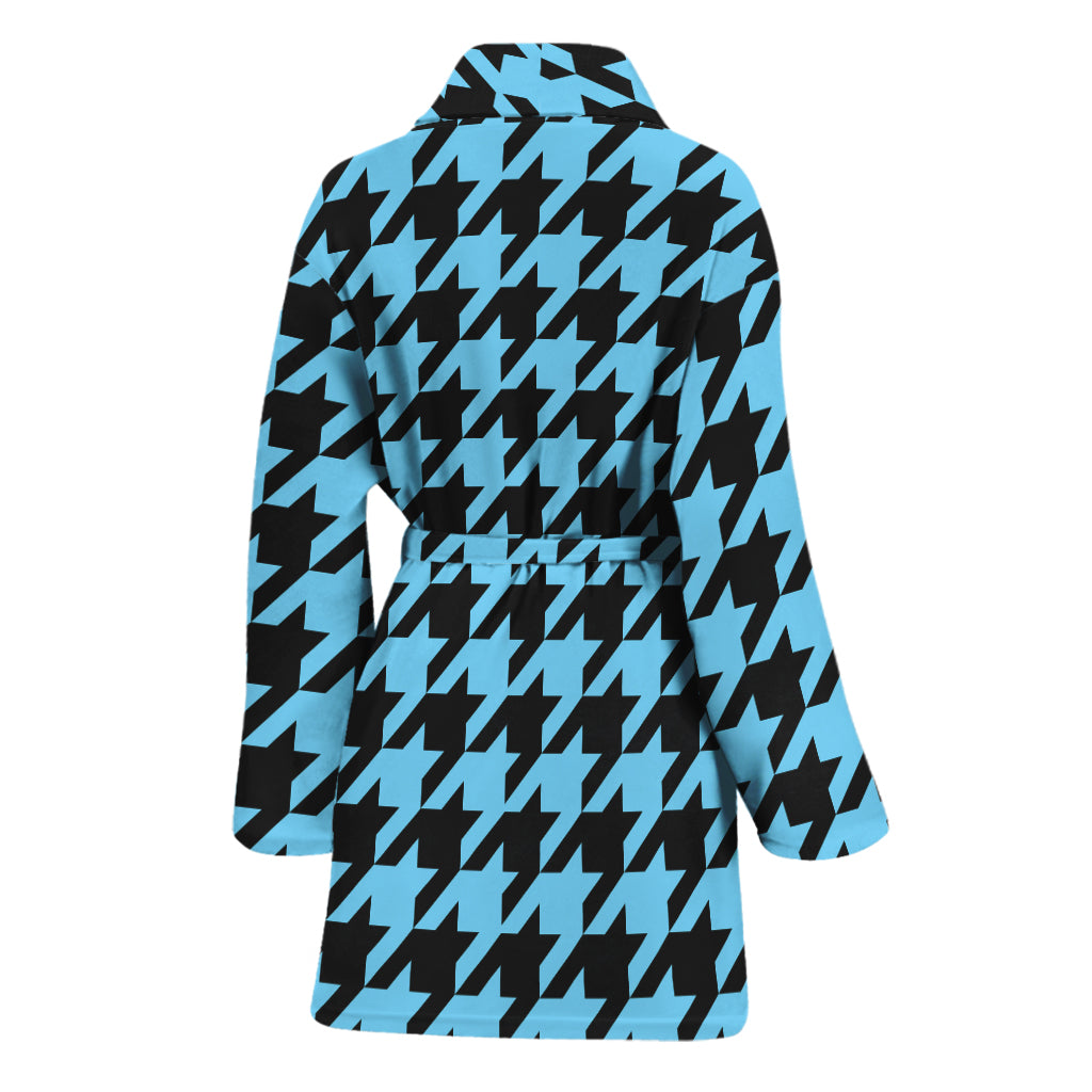 Blue And Black Houndstooth Pattern Print Women's Bathrobe