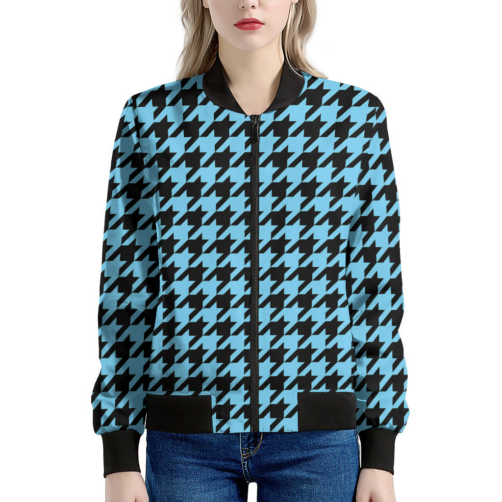 Blue And Black Houndstooth Pattern Print Women's Bomber Jacket