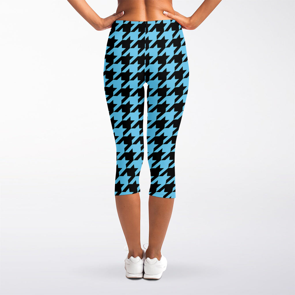 Blue And Black Houndstooth Pattern Print Women's Capri Leggings