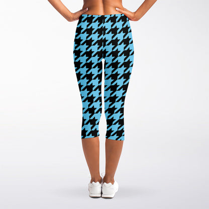 Blue And Black Houndstooth Pattern Print Women's Capri Leggings