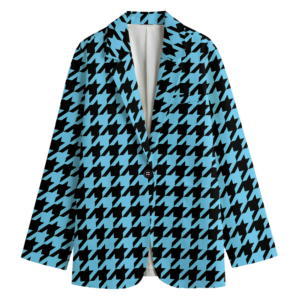 Blue And Black Houndstooth Pattern Print Women's Cotton Blazer