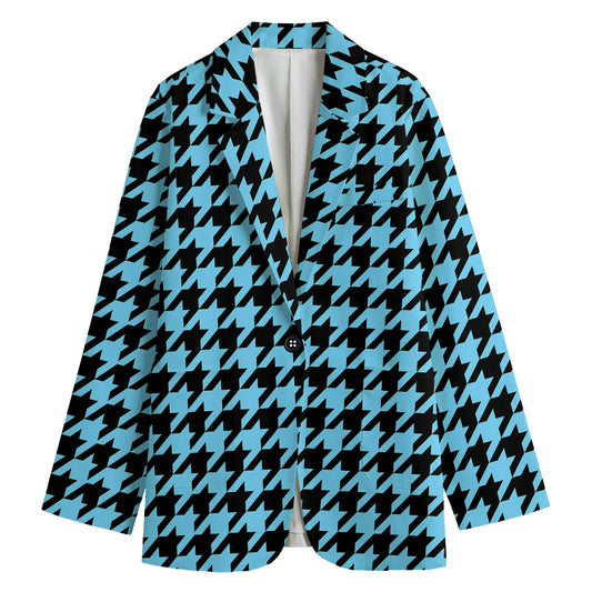 Blue And Black Houndstooth Pattern Print Women's Cotton Blazer