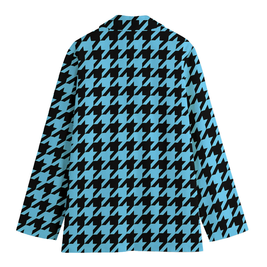 Blue And Black Houndstooth Pattern Print Women's Cotton Blazer