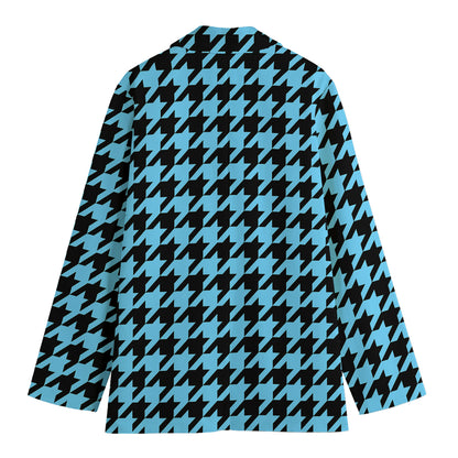 Blue And Black Houndstooth Pattern Print Women's Cotton Blazer