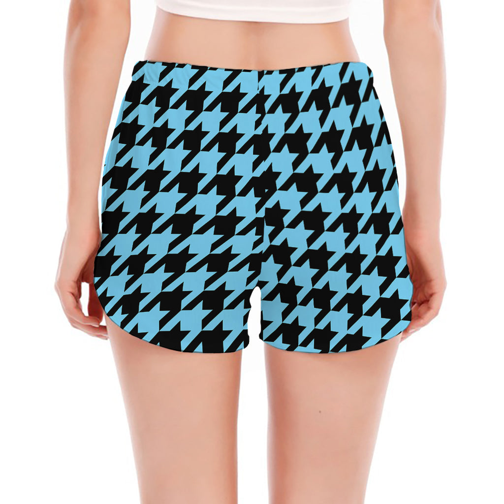 Blue And Black Houndstooth Pattern Print Women's Split Running Shorts