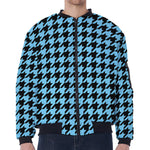 Blue And Black Houndstooth Pattern Print Zip Sleeve Bomber Jacket