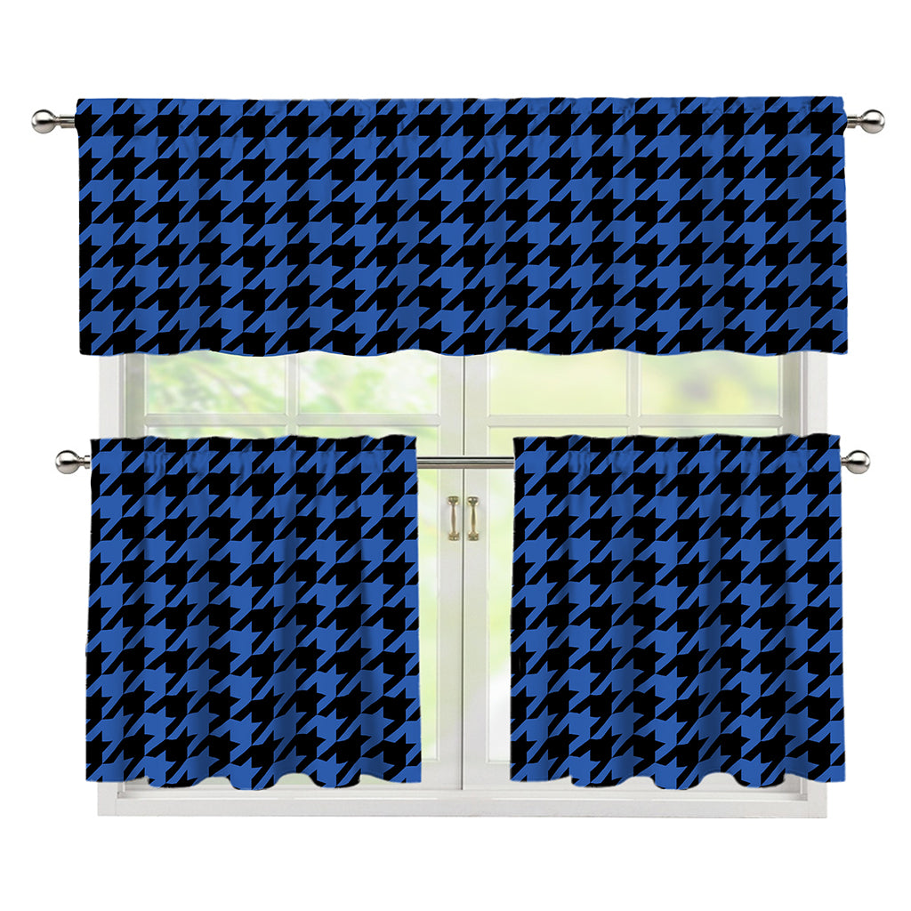 Blue And Black Houndstooth Print 3 Piece Kitchen Curtains