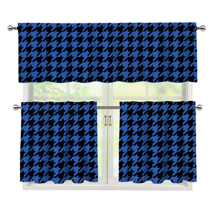 Blue And Black Houndstooth Print 3 Piece Kitchen Curtains