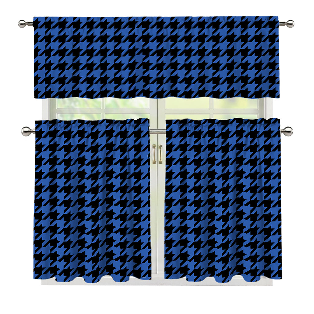 Blue And Black Houndstooth Print 3 Piece Kitchen Curtains