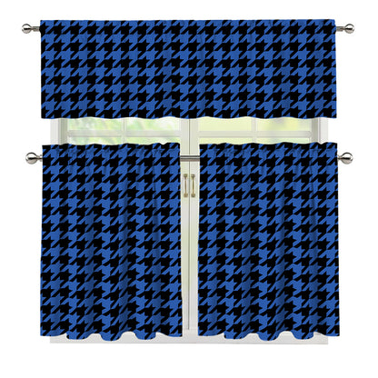 Blue And Black Houndstooth Print 3 Piece Kitchen Curtains