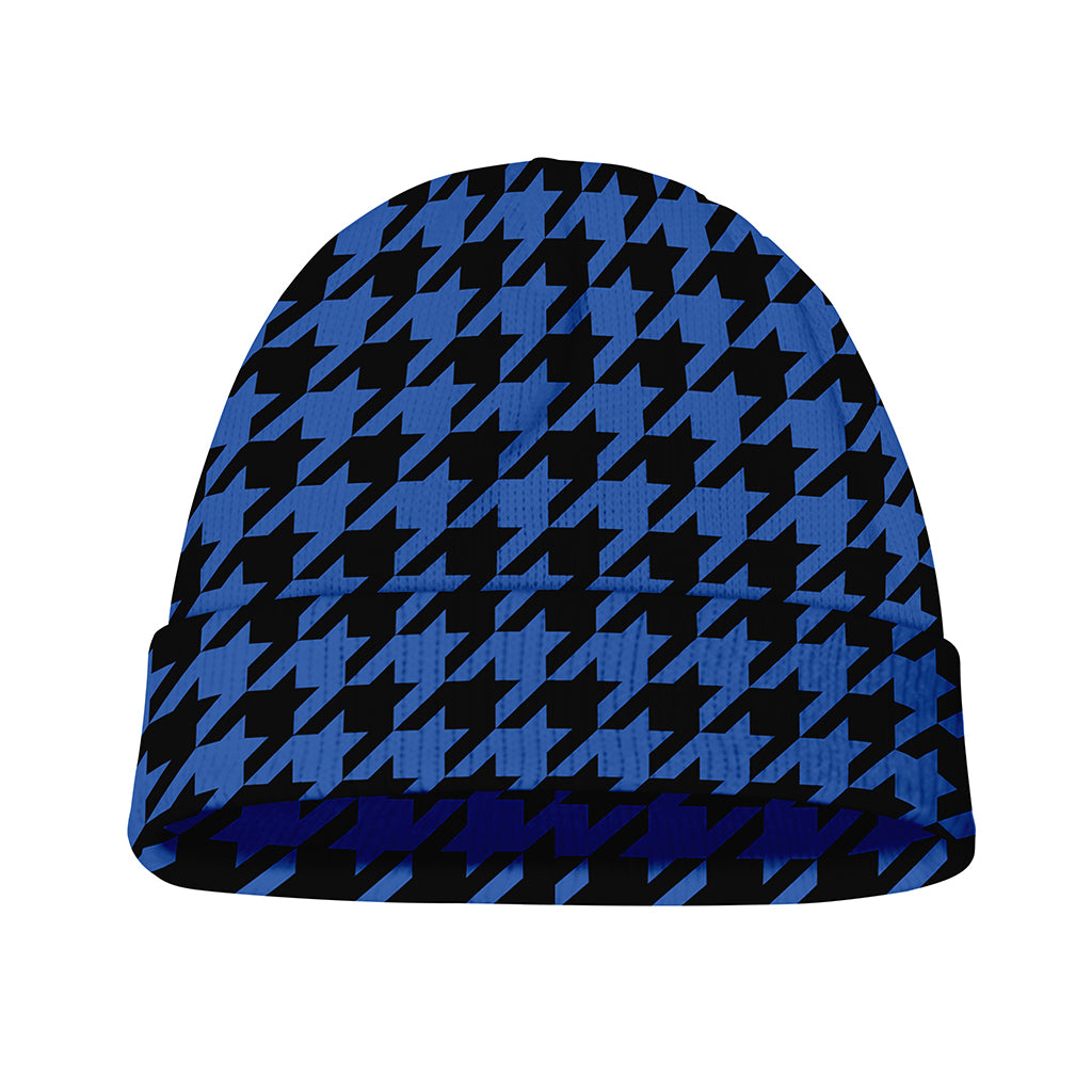 Blue And Black Houndstooth Print Beanie
