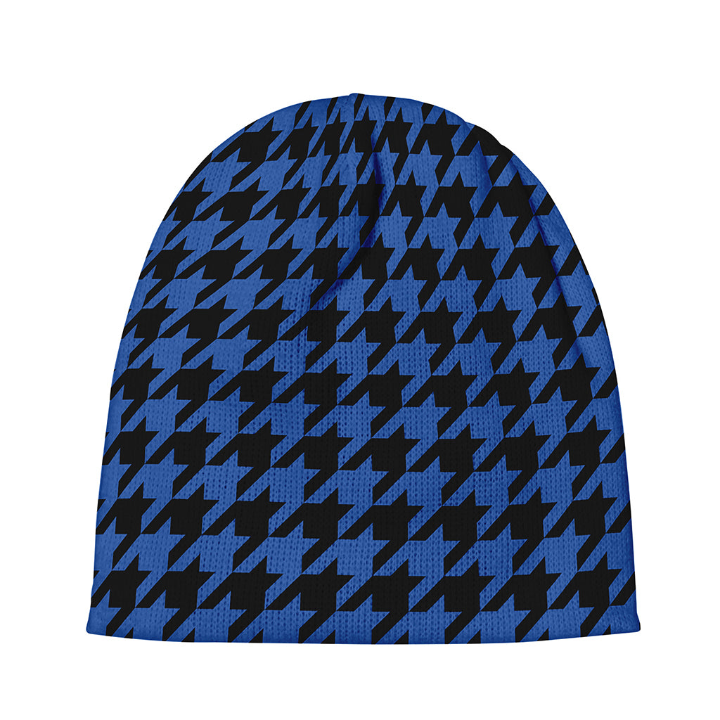 Blue And Black Houndstooth Print Beanie