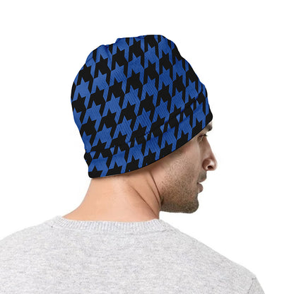 Blue And Black Houndstooth Print Beanie