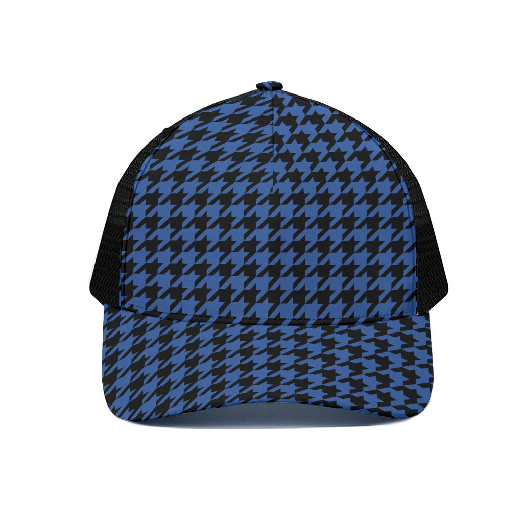 Blue And Black Houndstooth Print Black Mesh Trucker Cap
