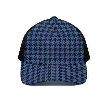 Blue And Black Houndstooth Print Black Mesh Trucker Cap