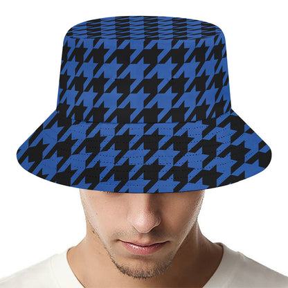 Blue And Black Houndstooth Print Bucket Hat