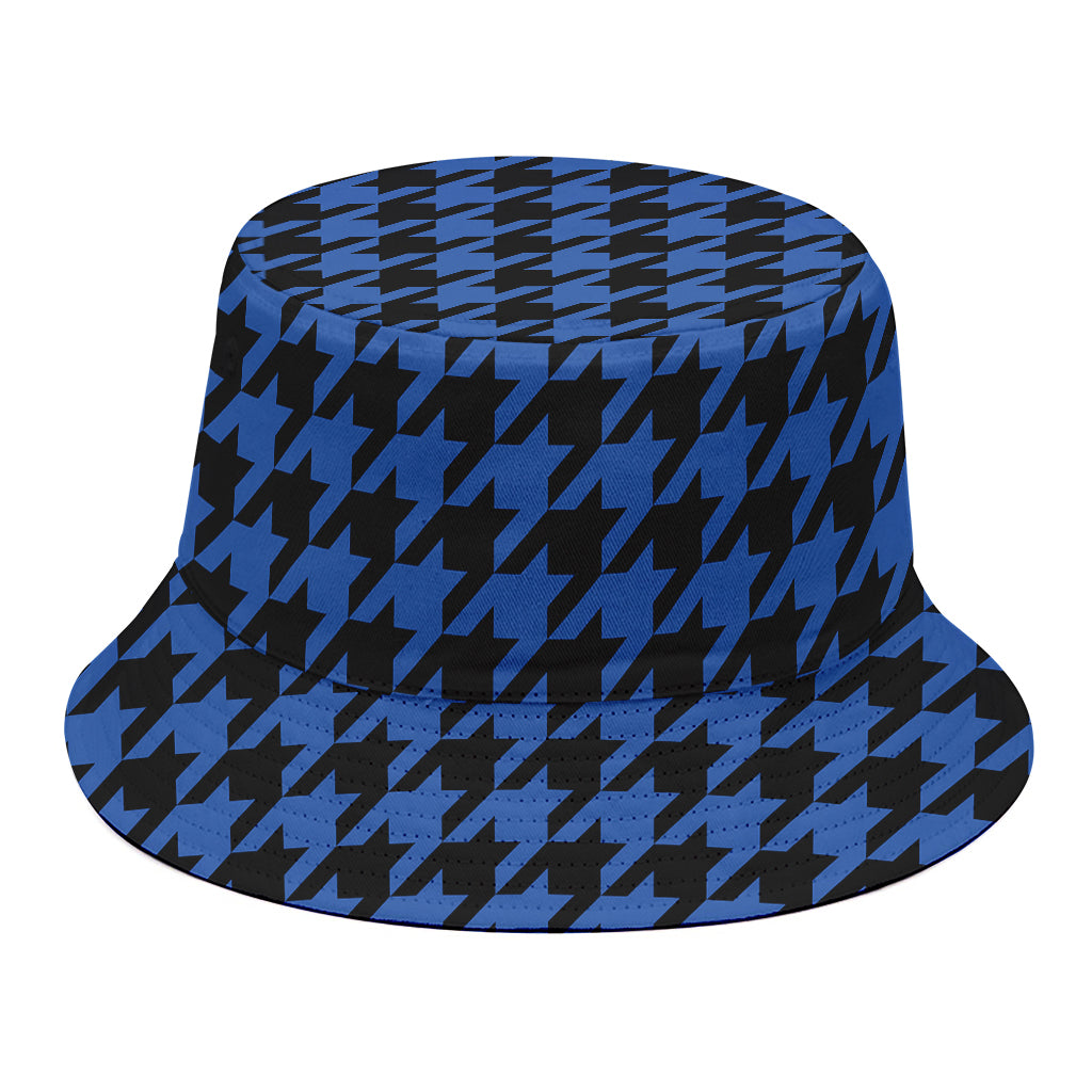 Blue And Black Houndstooth Print Bucket Hat